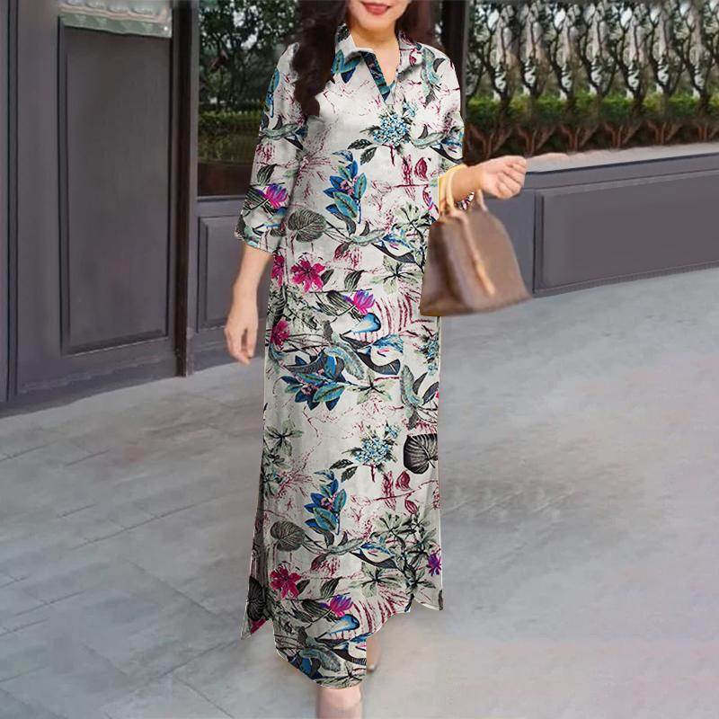 ZANZEA Women Casual Turn Down Collar Loose 3/4 Sleeve Print Long Dress