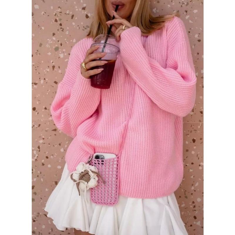 Женский осенне-зимний свитер с круглым вырезом, свободный вязаный свитер с длинными рукавами