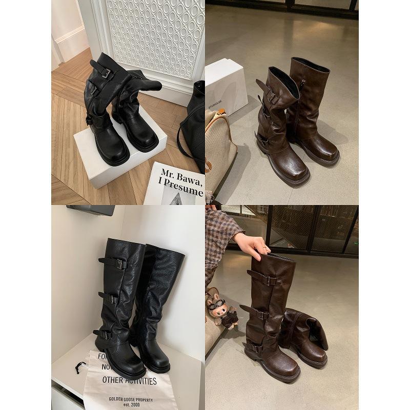 Версия из коровьей кожи~ женские осенние нишевые ботинки-брюки на толстой подошве, западные ботинки с пряжкой-ремнем, плиссированные ботинки-чулки средней высоты