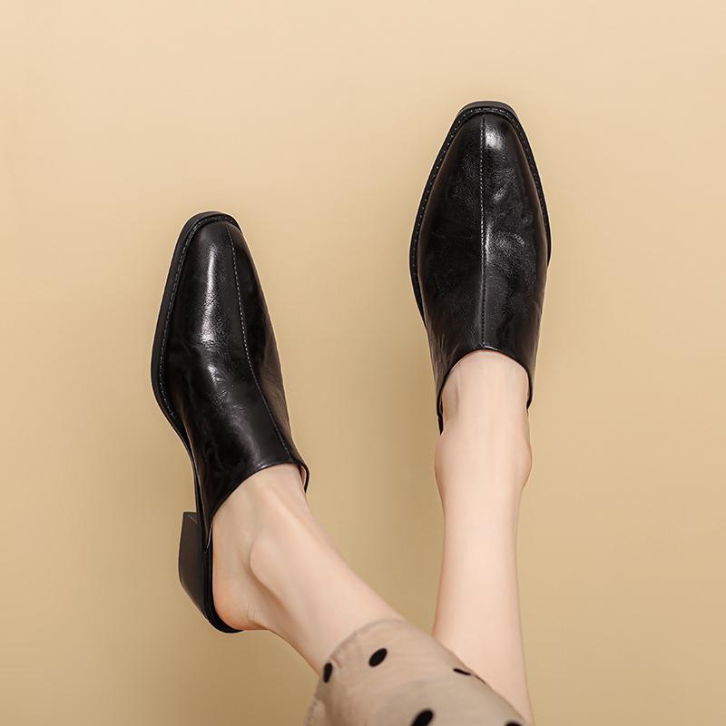 Fashion 2025 New Summer Women Mules Shoes Genuine Leather Shoes for Women Cover Toe Chunky Heel Slippers Round Toe Black Women Sandals