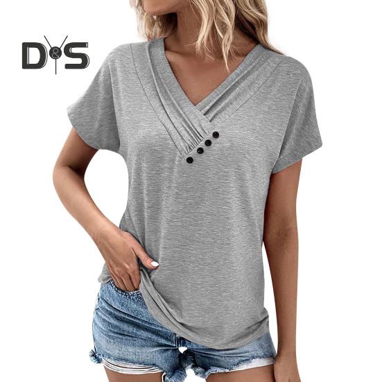 Женская футболка с V-образным вырезом, коротким рукавом, свободный крой, пуговицы, декор, однотонный пуловер, топы, повседневная одежда