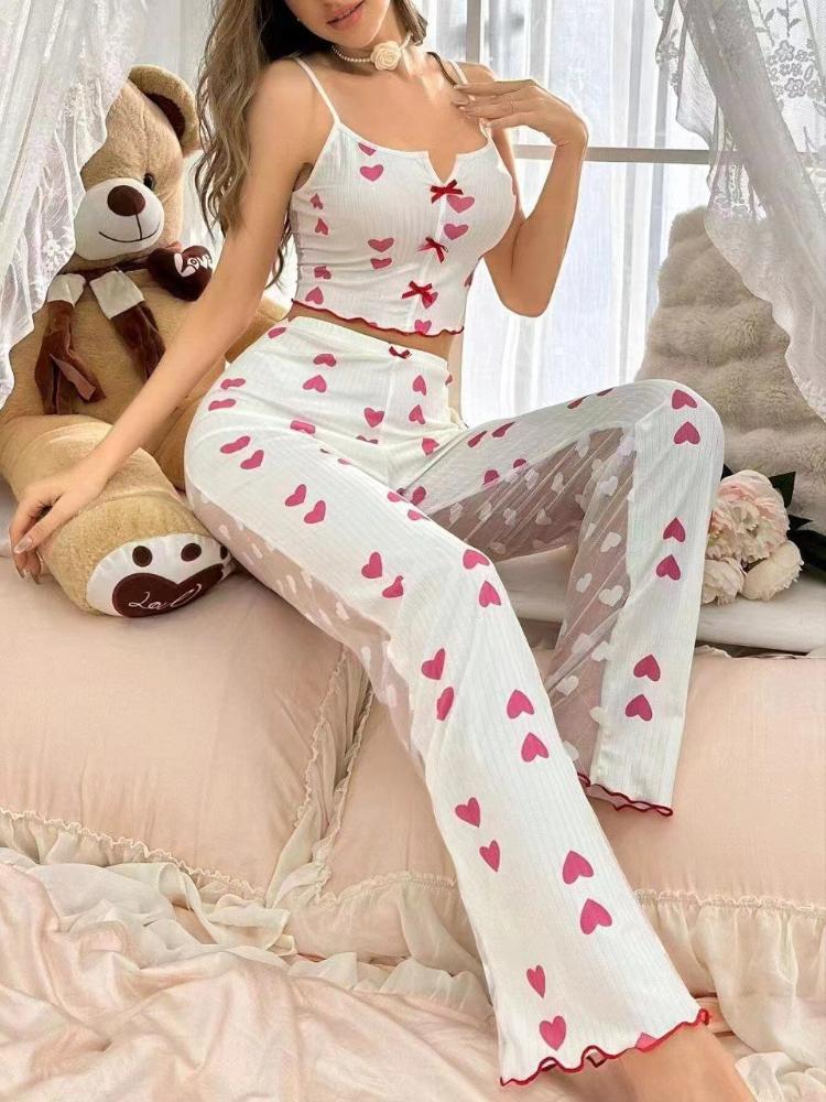 Women's Pajamas Set Sleepwear 2 PCS Short Tank Tops White Ventilate Soft Casual Love Printing