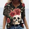Ladies' V-neck Floral Skull Print Casual Loose Street Trendy T-Shirts Women’s