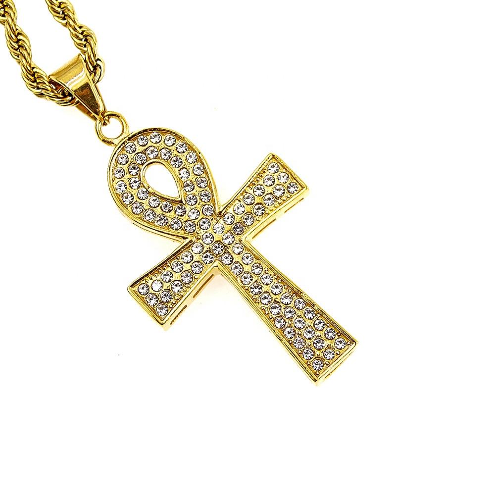 Egyptian Ankh Necklace Crystal Alloy Gold Plated Jewelry Hip Hop Rhinestone Ankh Pendant Necklace Jewelry for Sweater Necklaces