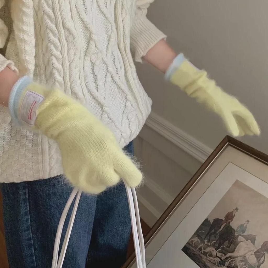 Women's Korean Style Colorblock Wool Long Gloves - Warm, Windproof, Five-Finger Design for Winter Cycling