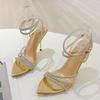Fashion Sexy Pointed Toe Rhinestone High Heels Women Luxury Glitter Crystal Ankle Strap Sandals Elegant Wedding Prom Shoes Size 35-41