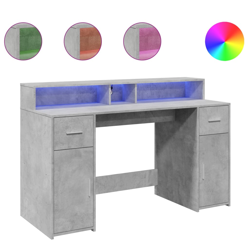 LED Desk in Concrete Grey 140 x 55 x 91 cm Particleboard