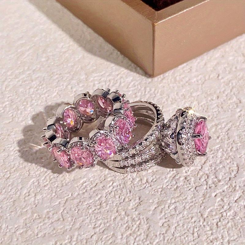 Роскошный комплект из 2 колец с розовыми камнями серебристого цвета, обручальное кольцо, украшения на День святого Валентина