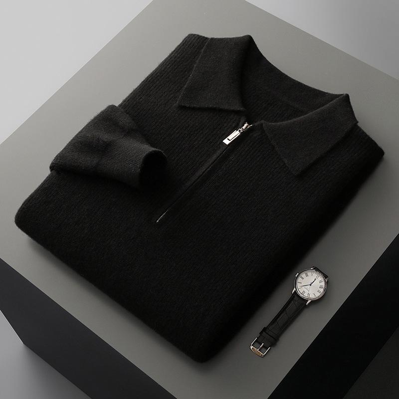 Мужской деловой повседневный пуловер поло из чистой шерсти на молнии - Осенне-зимний пуловер свободной вязки