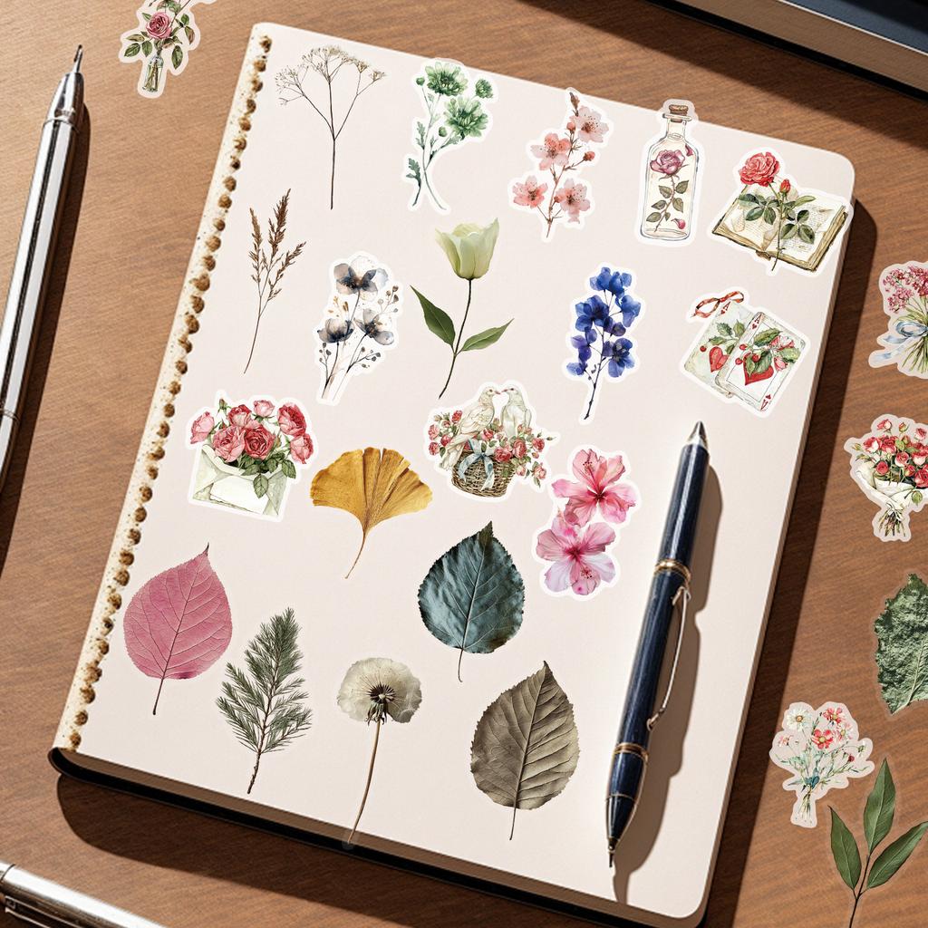 150PCS Retro Flower and Plant Stickers Decorative Waterproof Transparent Art PET Sticker Pack for Stationery and Notebook