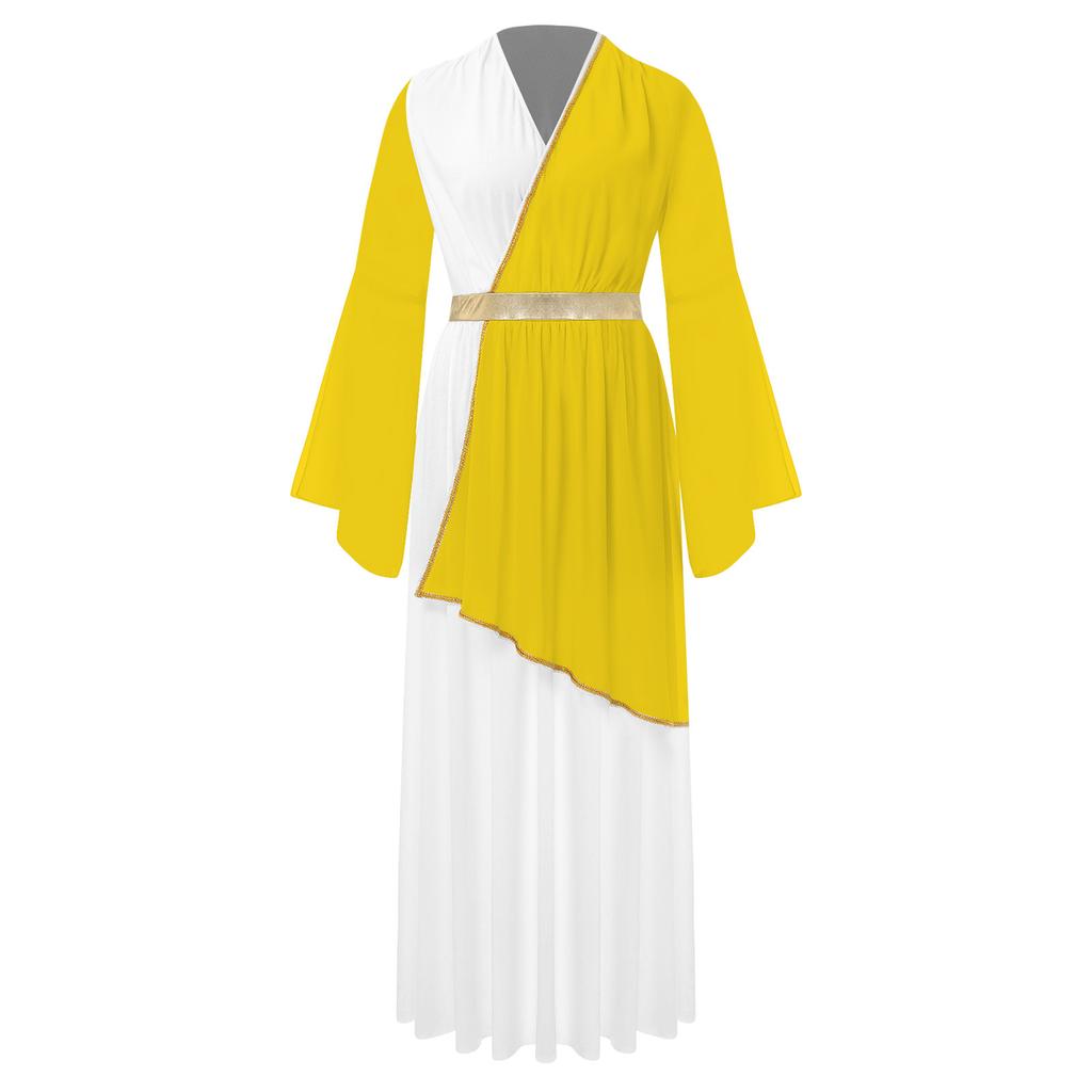 Женский греческий костюм Римская королева принцесса Древняя тога платье V-образный вырез длинный рукав контрастный маскарадный костюм