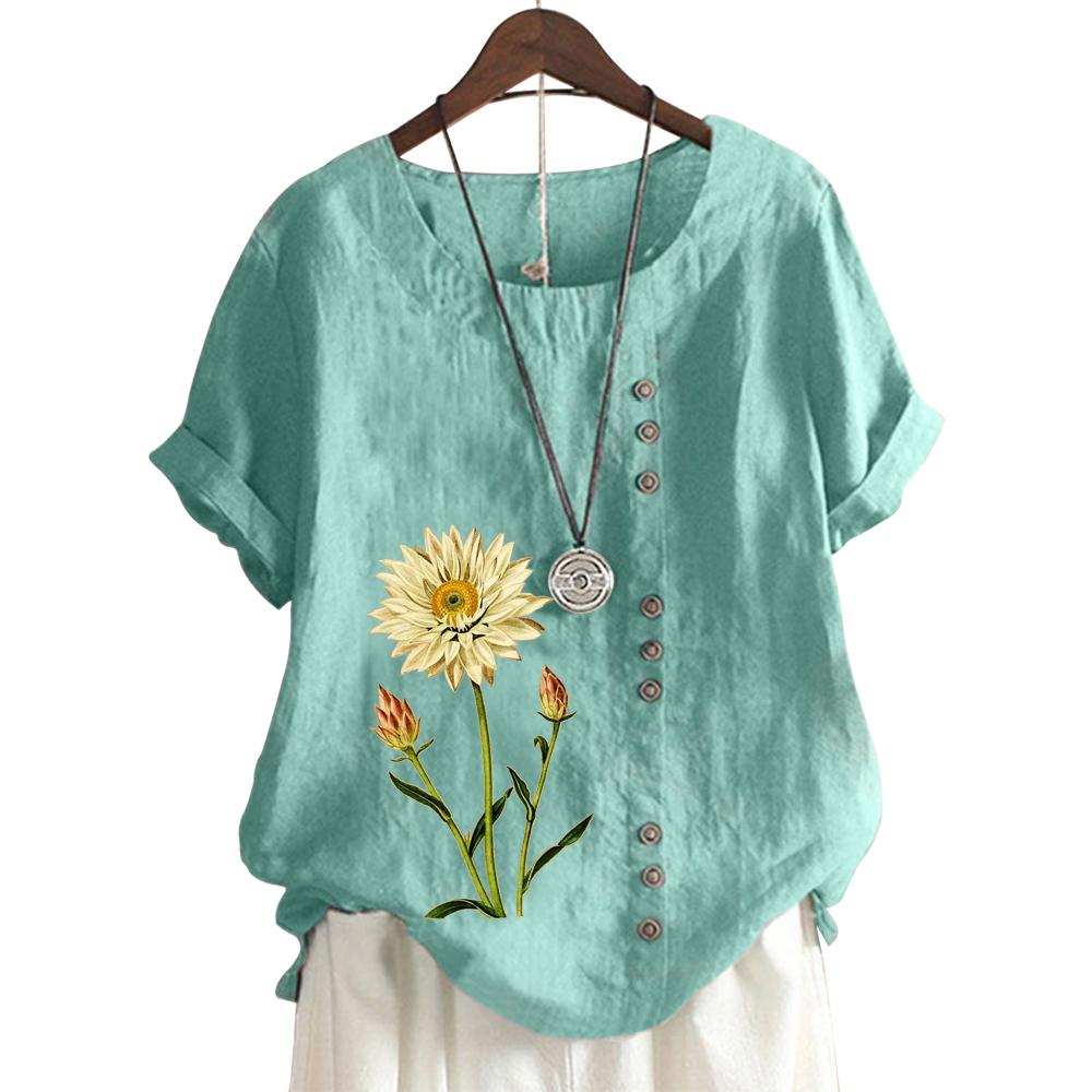 Women's Casual Cotton Short Sleeve Top with 11 Colorful Floral Prints and Round Neck