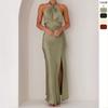 Women's Sexy Waist-hugging Neck Slit Long Sleeveless Dress for Women