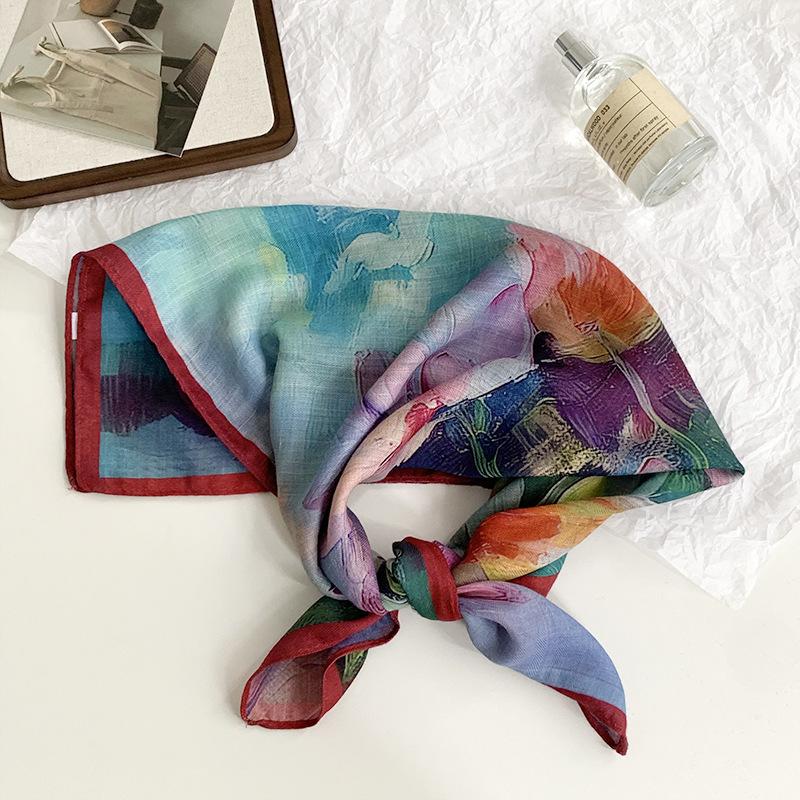 70 Double-sided Silk Scarf, Small Square Scarf, Scarf, White Rose Linen Silk Scarf, New High-end Scarf, Shawl Cover.