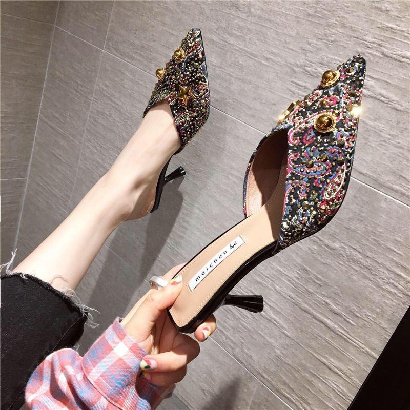 Сандалии с острым носком на каблуке, женские тапочки со стразами, сексуальные туфли со стразами для женщин, по акции, маленький размер 39