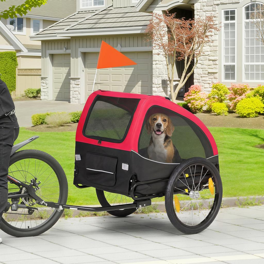 Dog Trailer Foldable with Reflectors Mesh Windows Wheels Door Safety Flag for Dogs up to 20 kg 138x70x89 cm Red