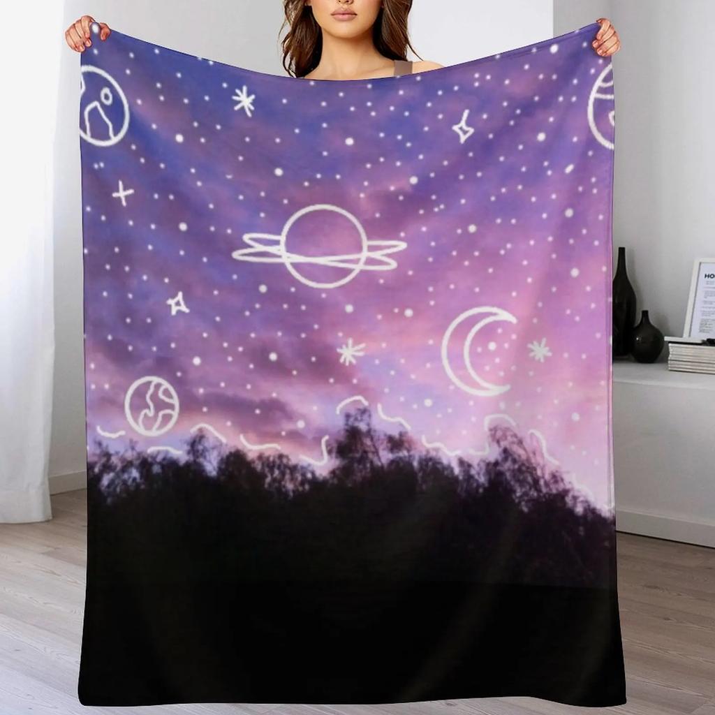 Aesthetic Tumblr Sunset Galaxy Doodle Throw Blanket Color Fast Cozy Throw Blanket