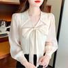 Fashion New 2024 Autumn Long Sleeve Bow Turn Down Collar Casual Apricot Chiffon Blouse Shirt Women Tops Blouses Shirts J540