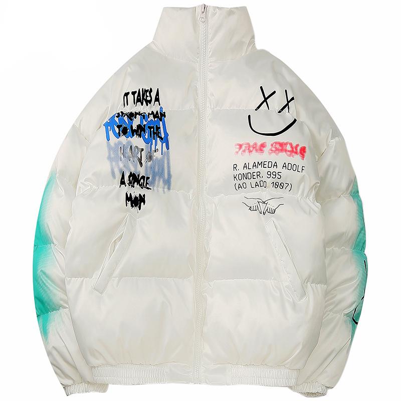 Куртка в стиле хип-хоп, парка Happy Graffiti, мужская ветровка, уличная одежда, зимняя стеганая куртка Harajuku, теплая верхняя одежда, плотная