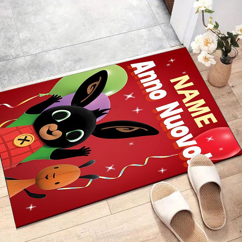 Custom Bing Bunny Mat Personalized Name, Polyester Washable Indoor Entryway Rug, Gift for Christmas, Easter, Thanksgiving Day