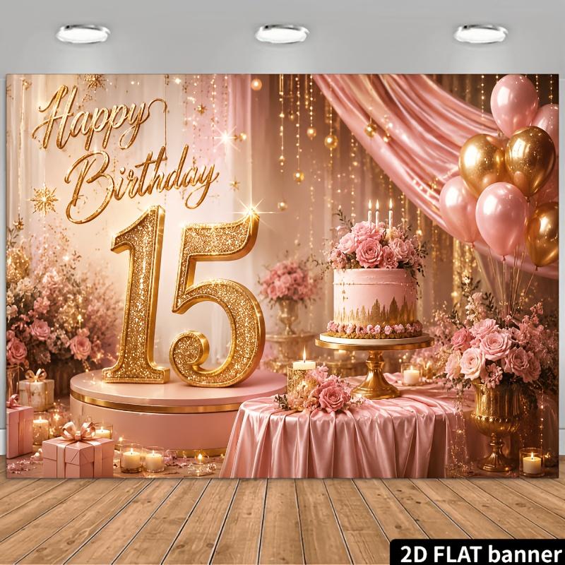 2D Flat Banner, Happy 15th Birthday Backdrop, Pink and Golden, Number 15, Roses, Cake, Balloons, Gifts