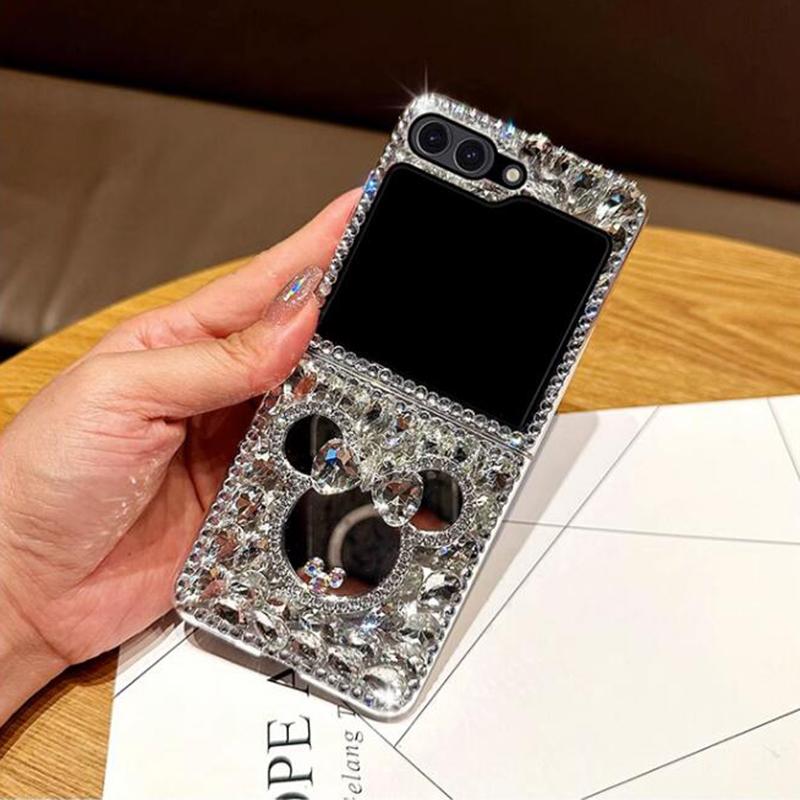 Luxury Rhinestone Cute 3D Mouse Mirror Phone Case for Samsung Galaxy Z Flip 5 4 3 Fashion Water Drop Diamond Hard PC Back Protection Cover