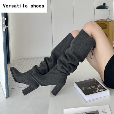 Модные женские сапоги до колена с квадратным носком и складками, осенне-зимние, на толстом высоком каблуке, для выпускного вечера, длинные сапоги