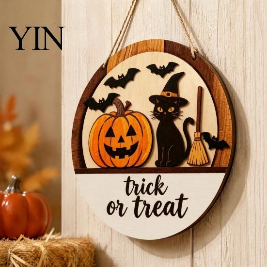 Halloween Door Sign Layered Round Hanger, 3D Pumpkin Ghost Owl Wood Welcome Sign, Handmade Farmhouse Front Wall Hanging Decor for Home Store