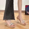 High Heels Women's Outer Wear 2025 Summer New French Thick Heel Rhinestone Transparent Crystal Sandals Women's Slippers Women's Shoes