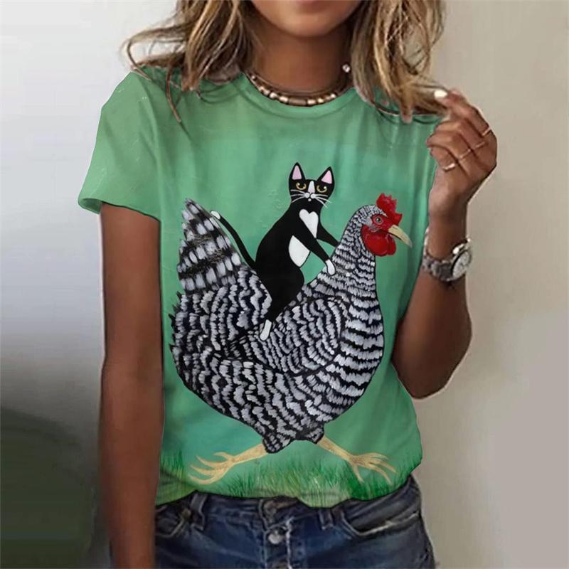 Летние женские футболки с рисунком цыпленка из мультфильма с забавным принтом животных в формате 3D, с короткими рукавами, свободные футболки с круглым вырезом