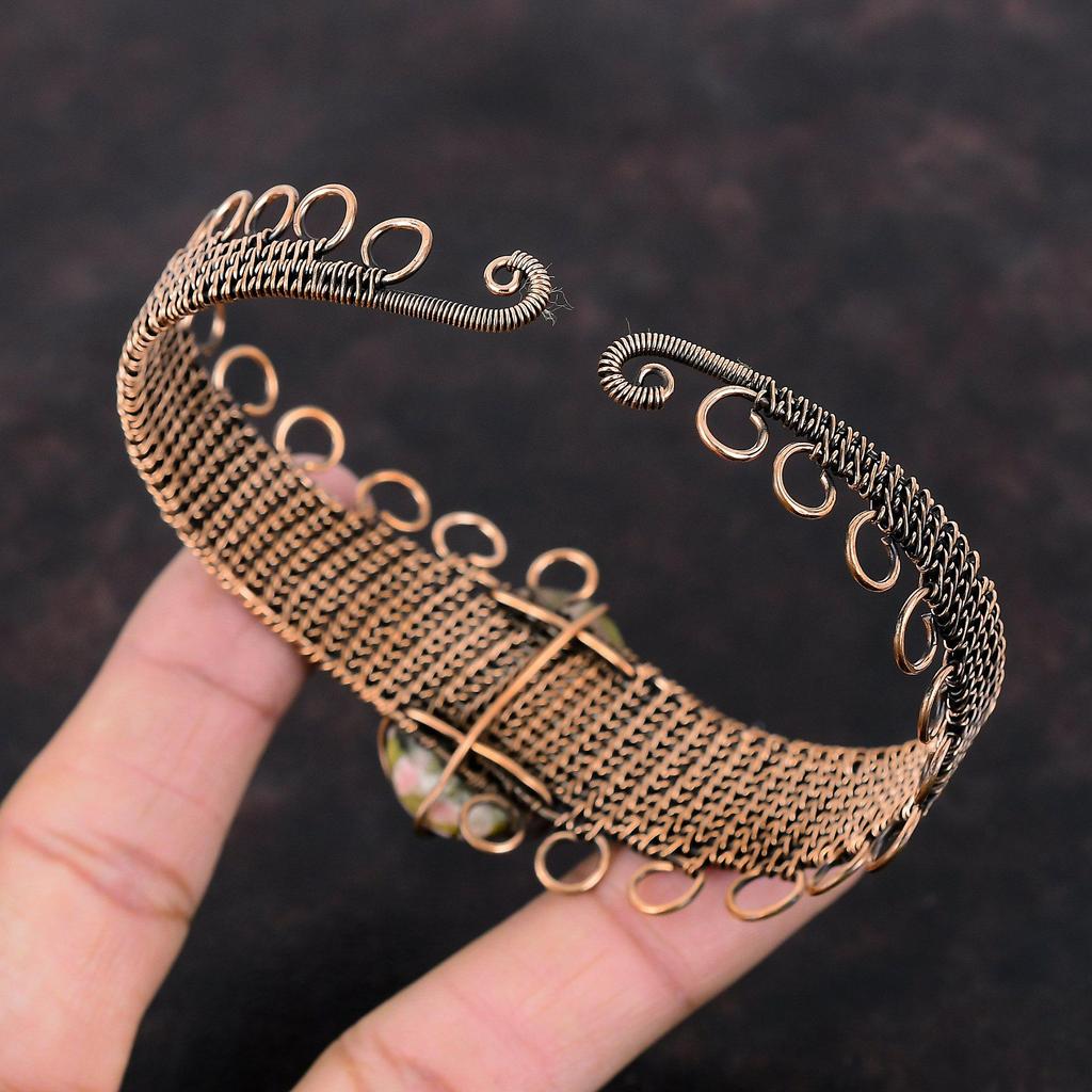 Браслет из медного розового опала, медная проволока, ювелирные изделия, браслет-манжета с драгоценным камнем, регулируемый браслет, браслет из проволочной обмотки, подарок для мамы, браслет ручной работы