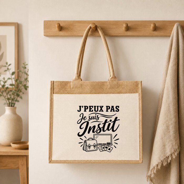 Sac Cabas Jute avec Poche J’peux pas je suis Instit J'peux pas minimaliste | Toile de Jute et Coton 21 L Fond Plat Anses 65 cm