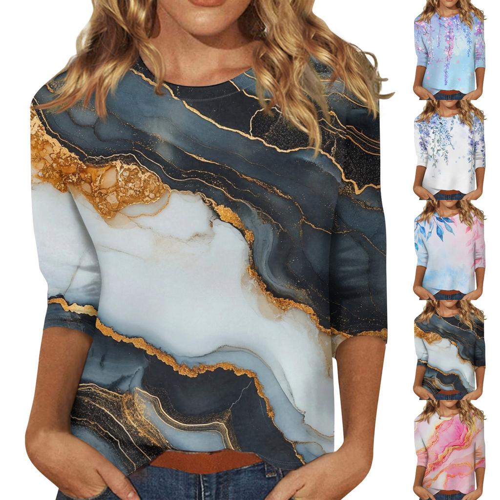 Women's Fashion Casual Round Neck 3/4 Sleeve Loose Printed T-Shirt Ladies Top
