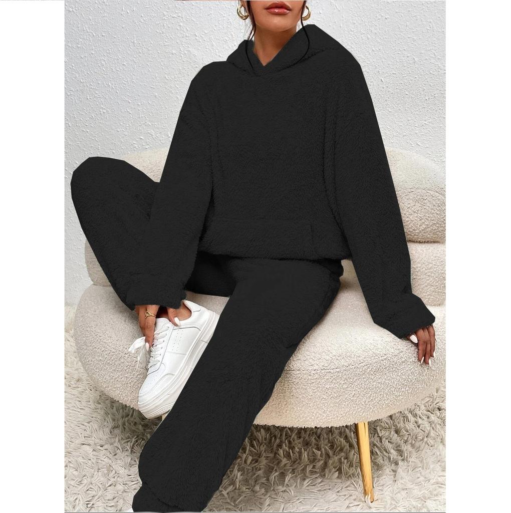Autumn and Winter Solid Color Women's Hooded Long Sleeved Patch Pocket Casual Pants Home Two-piece Set