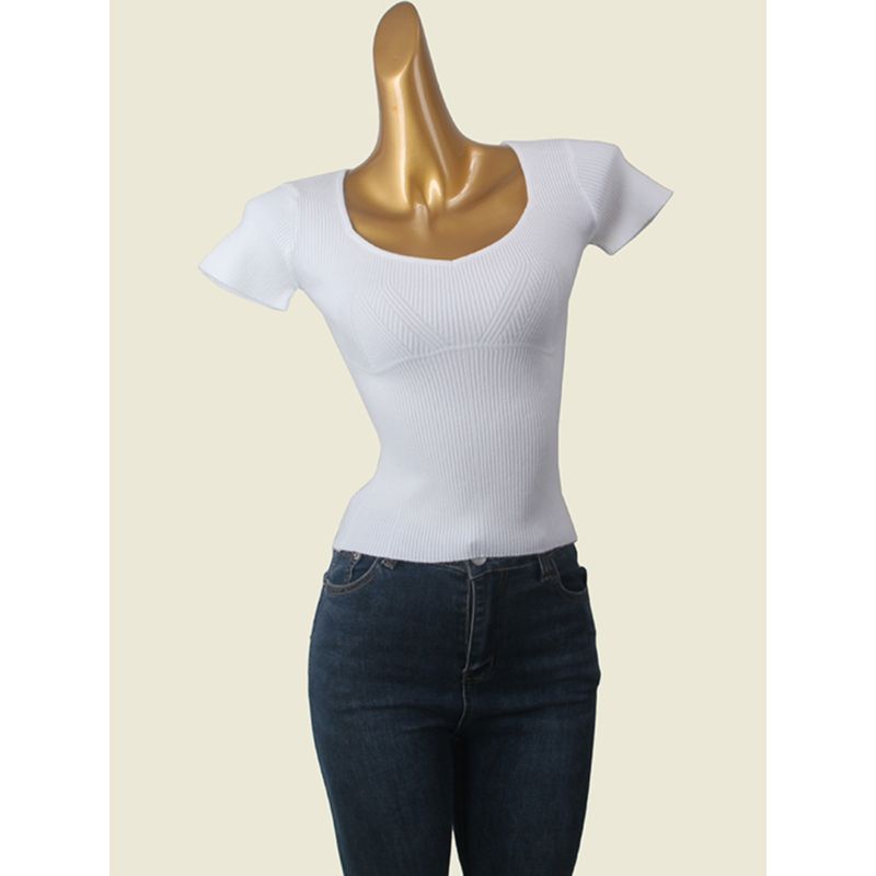 British Brand Water Drop Square Collar 2024 New Arrival Silm Short Sleeve Knitwear T-shirt Tops Female Foreign Trade Women's Clothing