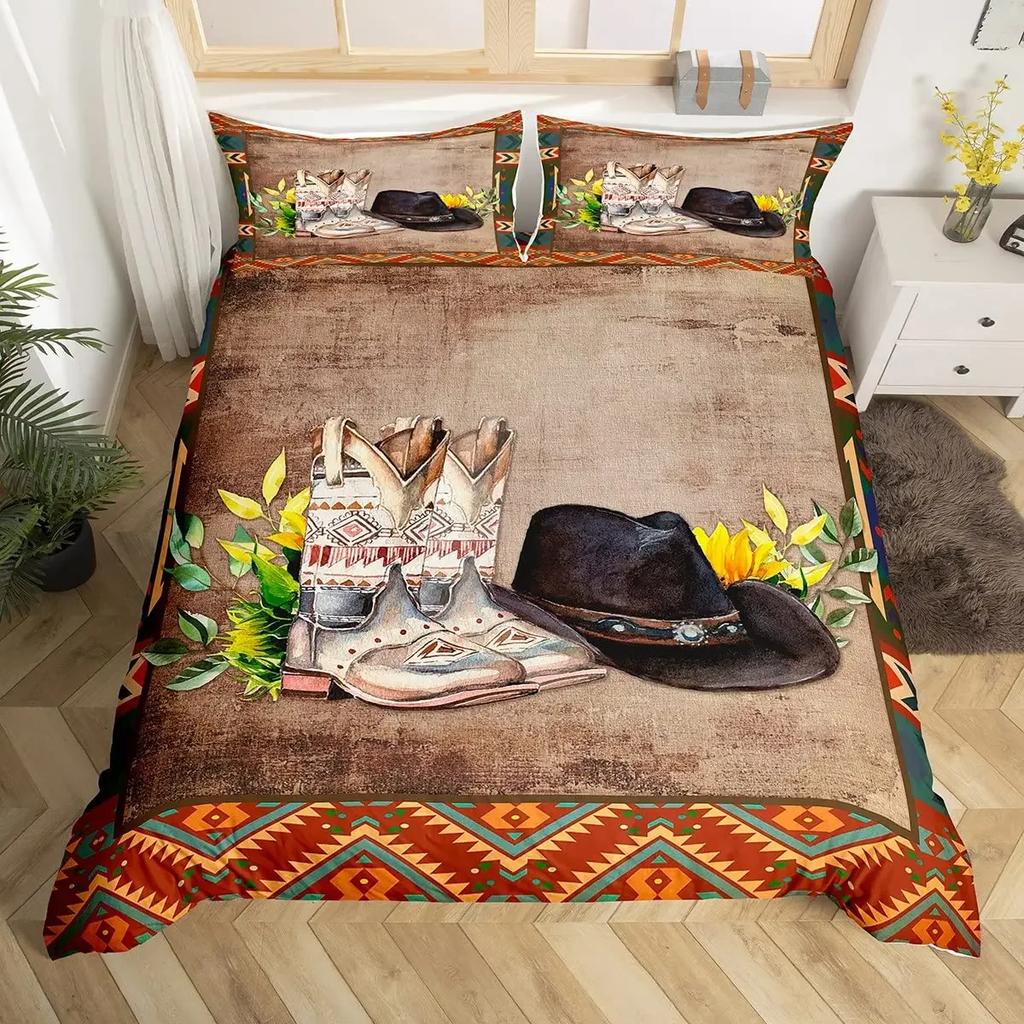 Пододеяльник в стиле вестерн-ковбой, комплект постельного белья Twin King Cowboy Boots Hat Floral Exotic Farmhouse Cowboys Patchwork