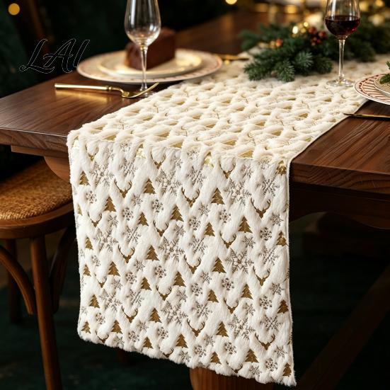 Dining Room Holiday Table Accessory Christmas Plush Runner Foil Stamped Golden Tree Snowflake Runner Fuzzy Cover for Home Party Decoration Winter