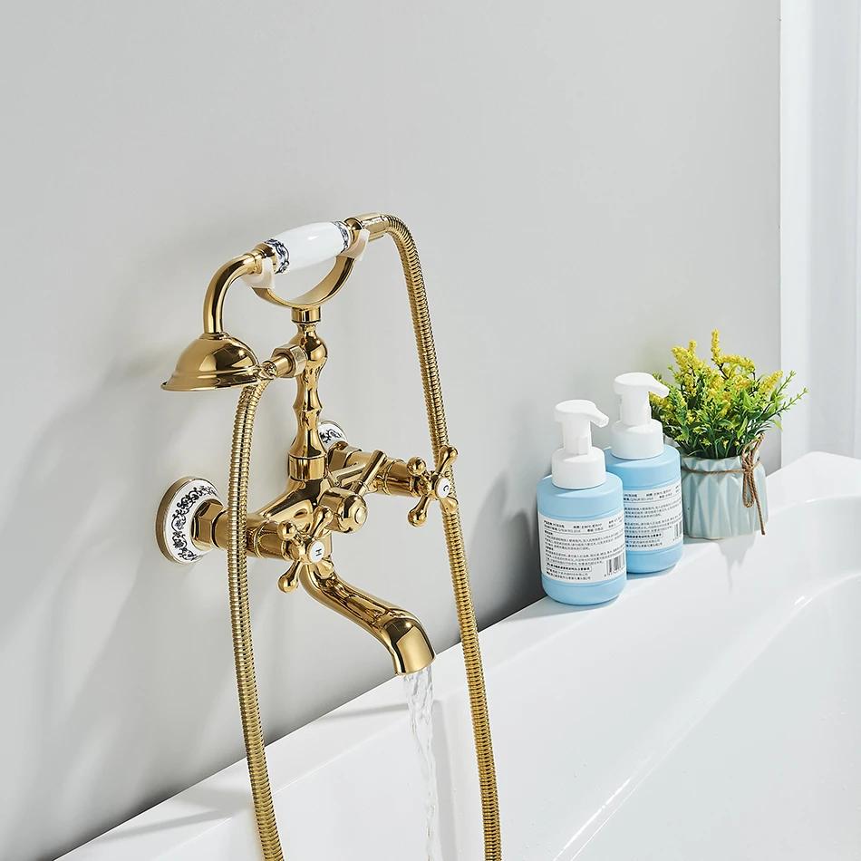 Luxury Golden Black Bathtub Faucet Mixer Tap Telephone Style With Sprayer Hand Shower Rotate Spout Tub Hot Cold Water Mixer Sets