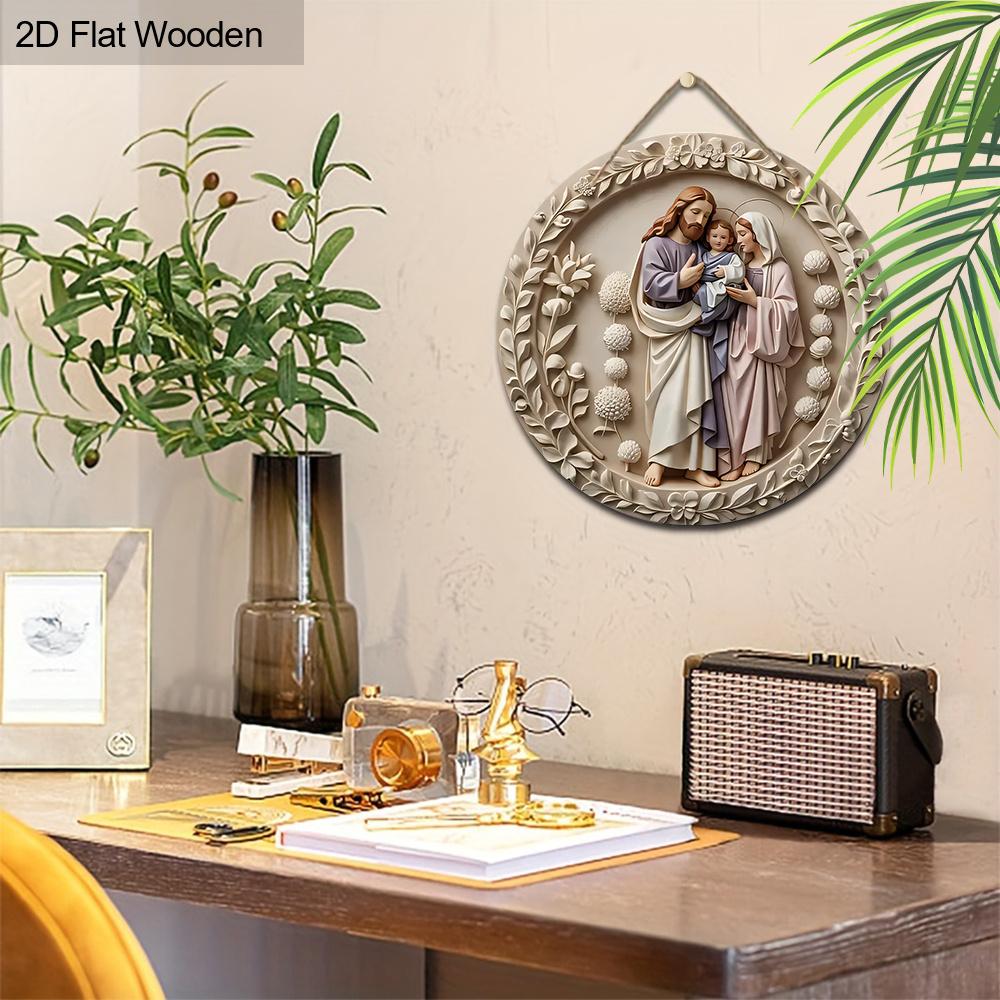 5 шт. Очаровательное деревянное украшение в виде вертепа - 2D круглый настенный декор с семьей Иисуса, идеально подходит для входной двери или церковного оформления, идеальный рождественский подарок