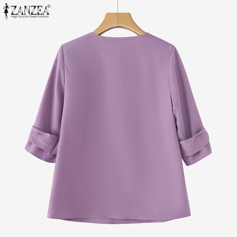 ZANZEA Женские летние блузки с круглым вырезом и коротким рукавом, однотонные, витые