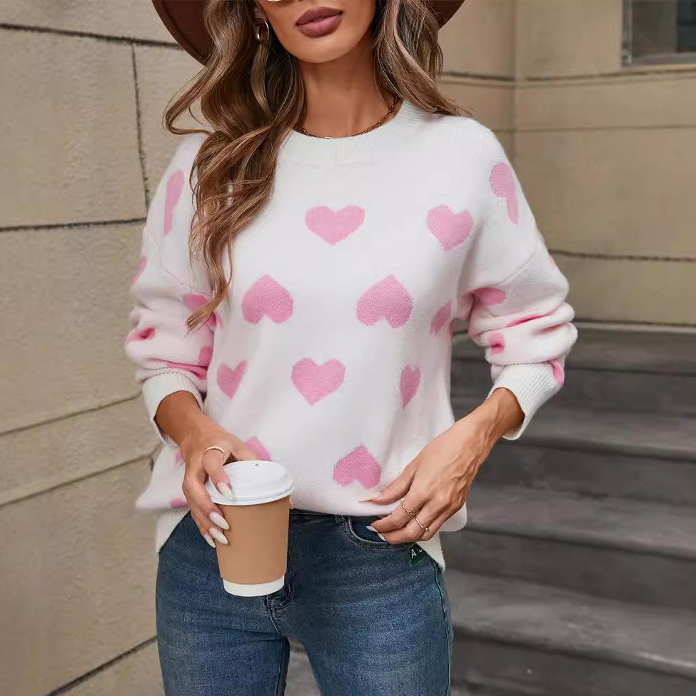 Зимний женский свитер Love Valentine's Day Pullover Large Peach Heart Color Clash Sweater