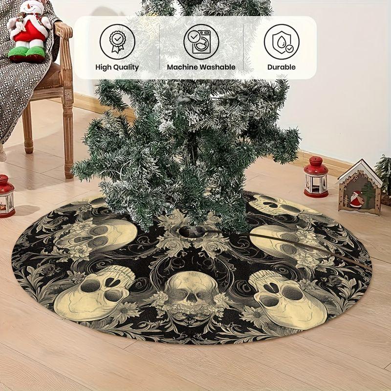 Christmas Tree Skirt Vintage Skull Floral Print Round Xmas Tree Mat Gothic Style Winter Holiday Indoor Indoor Rug Carpet