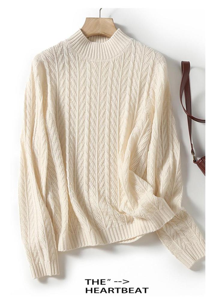 Women's Retro Half-High Neck Cable Knit Wool Sweater (BN629) - Autumn Winter Casual Knitwear