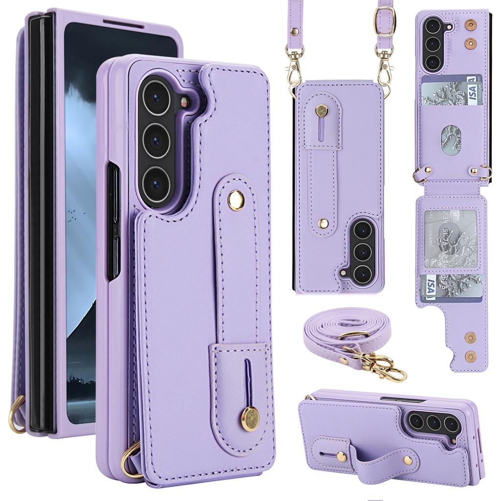 Crossbody Wristband Wallet Phone Case For Samsung Galaxy Z Fold 7 6 5 4 5G Double Magnetic Button Card Slot Wrist Design Cover