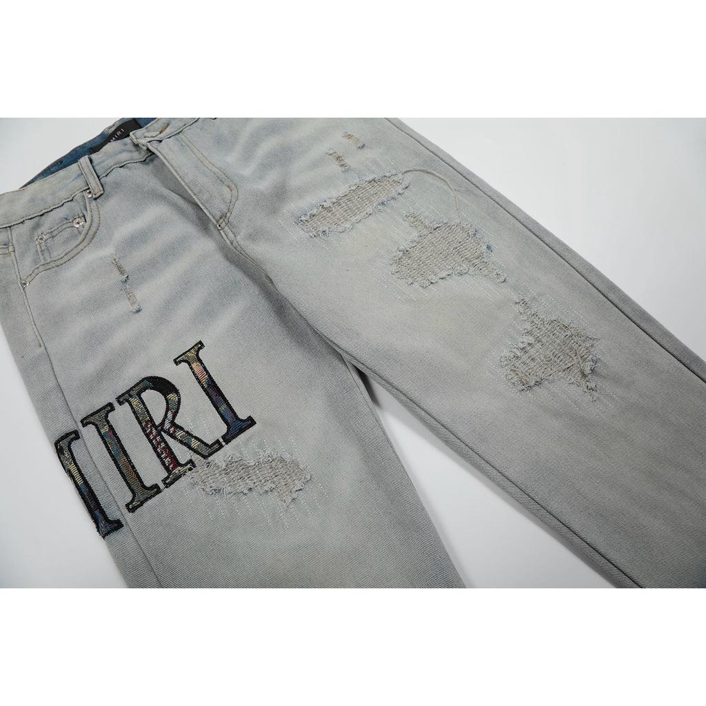 M48 Amiri Men's and Women's American Style Trendy Jeans with Fabric Patches, Holes, Embroidery, Casual and Fashionable High Street Pants