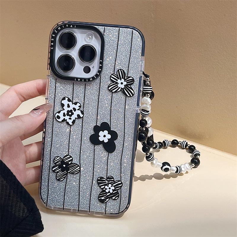 Чехол Zhitai для iPhone 16 Pro — черный круглый корпус с блестками Apple, совместим с iPhone 11, 14 Pro, 15 — браслет в японском и корейском стиле.
