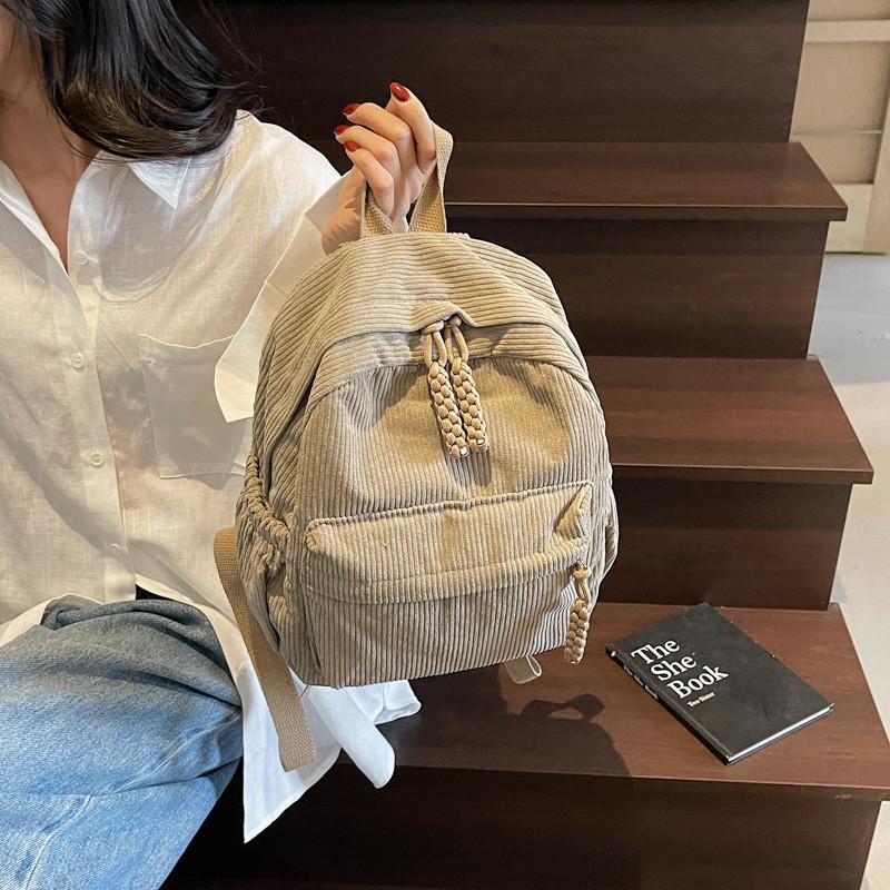 Color Stripes Solid Corduroy Backpack School Travel Functional Inner Pocket