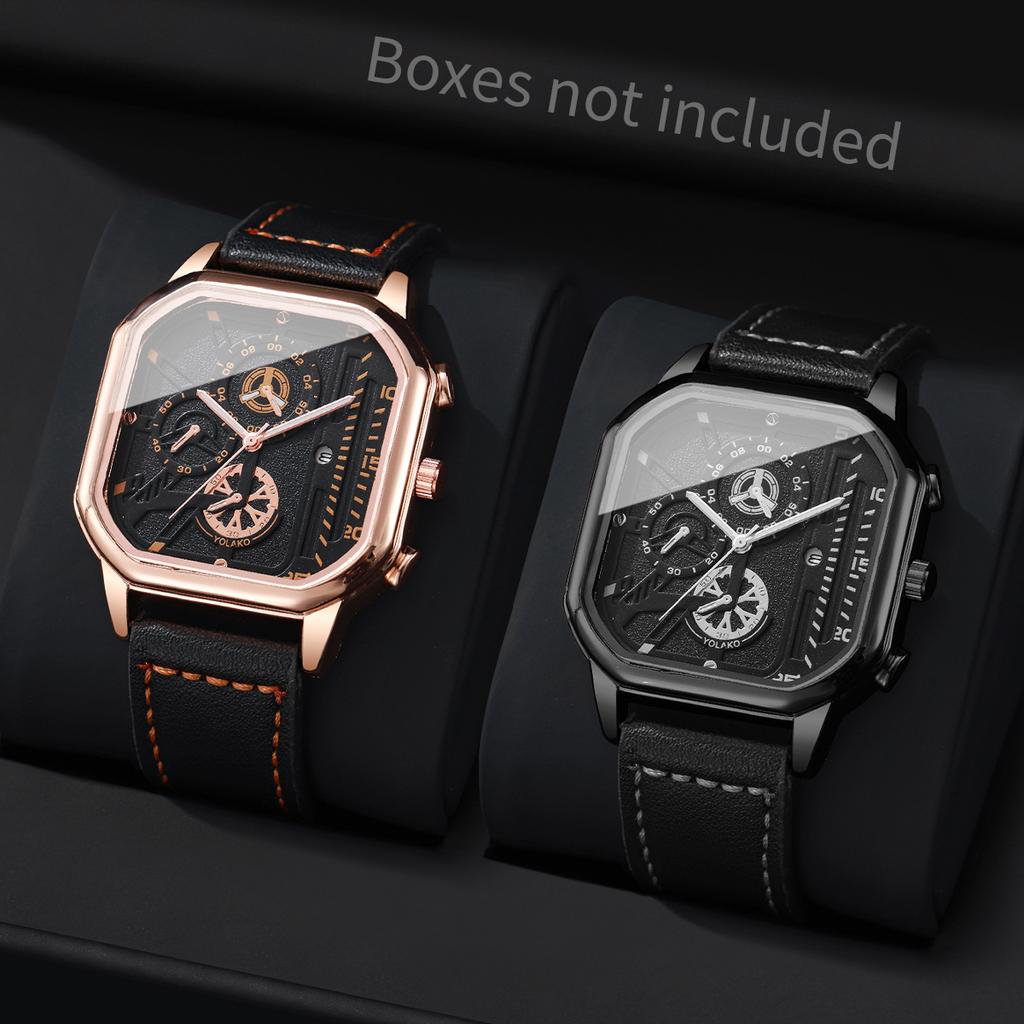 2PCS/Set Men Business Watches Fashion Square Quartz Watch With Calendar for Mens Clock Reloj Hombre