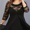 Fall Spring Women Dress See-through Hollow Out Lace Flower Embroidery Three Quarter Sleeve Double Layers Roud Neck Big Swing Plus Size High