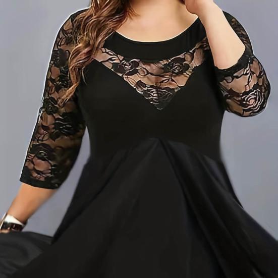 Fall Spring Women Dress See-through Hollow Out Lace Flower Embroidery Three Quarter Sleeve Double Layers Roud Neck Big Swing Plus Size High